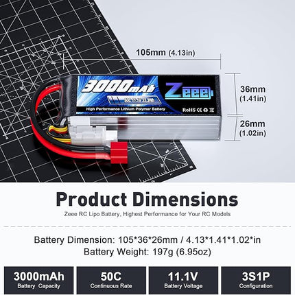 Zeee 3S Lipo Battery 3000mAh 11.1V 50C with T Connector Soft Pack RC Battery for RC Airplane RC Helicopter RC Car RC Truck RC Boat UAV Drone FPV(2 Pack)