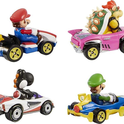 Hot Wheels Mario Kart Set of 4 Die-Cast Toy Cars with Attached Character Drivers, Includes Black Yoshi (Amazon Exclusive)