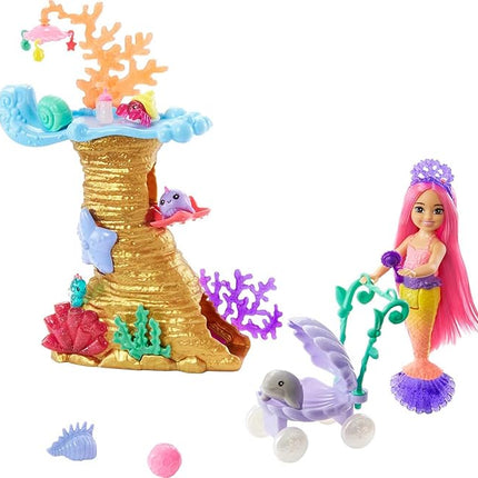 Barbie Mermaid Power Doll & Playset, Chelsea Mermaid Doll with 4 Sea Animal Pets, Toy Coral Reef Play Area, Stroller & Accessories