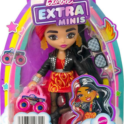 Barbie Extra Minis Doll & Accessories with Red & Black Hair Wearing Flame-Print Dress & Moto Jacket, 5.5-inch
