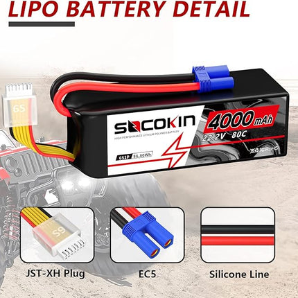 6S Lipo Battery 22.2V 4000mAh 80C Soft Case with EC5 Plug for RC Car RC Boat RC Racing Truck Helicopter Airplane 2 Pack