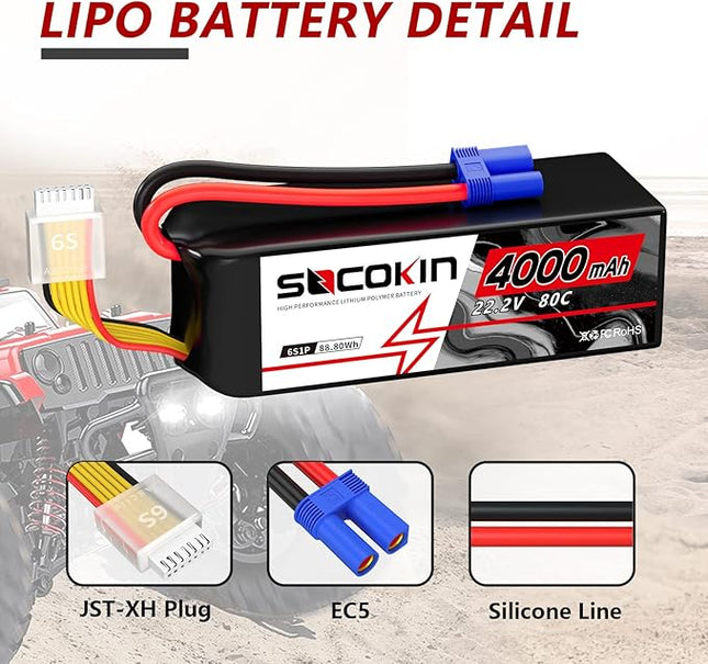 6S Lipo Battery 22.2V 4000mAh 80C Soft Case with EC5 Plug for RC Car RC Boat RC Racing Truck Helicopter Airplane 2 Pack