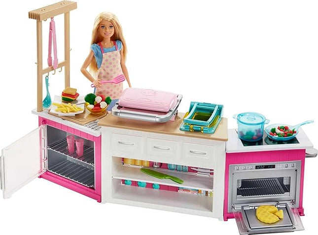 Barbie Kitchen Playset with Doll, Lights & Sounds, Food Molds, 5 Dough Colors and 20+ Accessories
