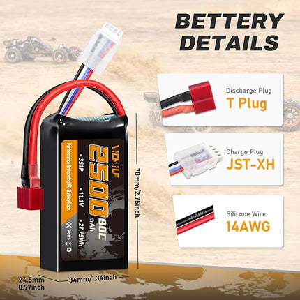 3S Lipo Battery 2500mAh 11.1V 80C High Discharge Rate Shorty Pack RC Batteries with Dean-Style T Fit for RC Airplane FPV Quadcopter Helicopter Drone and Racing RC Hobby Models High Capacity