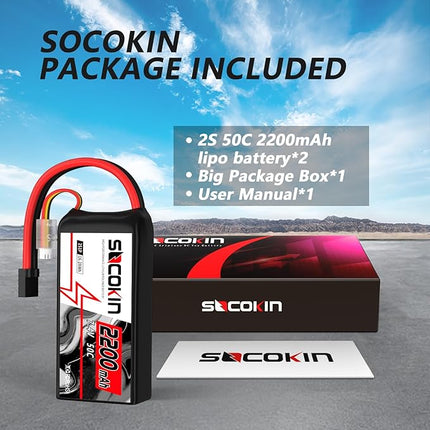 2S Lipo Battery 7.4V 50C 2200mAh Batteries with TR Connector Plug Soft Case Shorty Battery for RC Car Truck Boat Truggy FPV Drone Quadcopter UAV Airplane Helicopter (2 Pack)