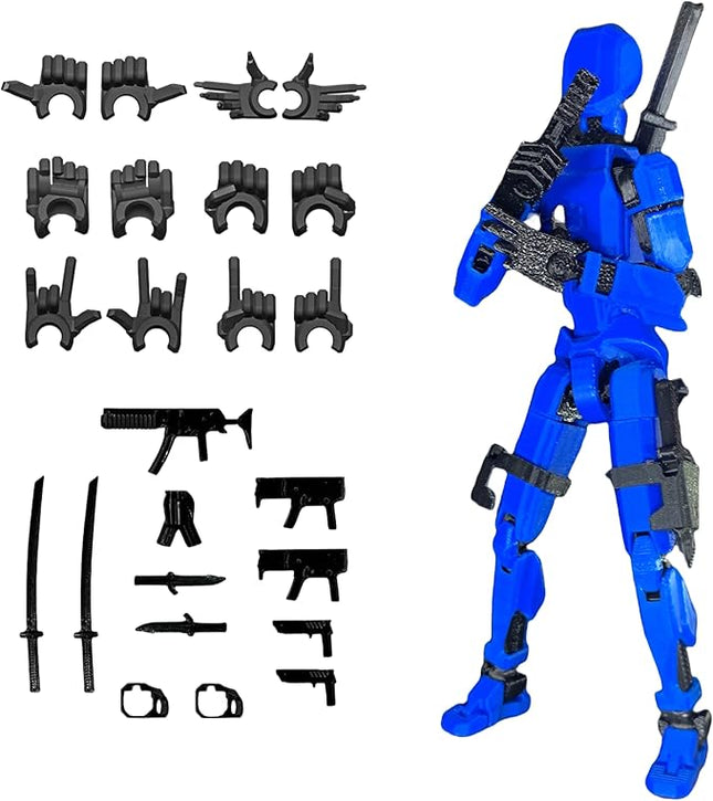 Pre-Assembly 3D Printed 5.54'' Stick Tian 13 Action Figure, Multi-Jointed Robo13, Articulated T13 Desktop Decoration,12 in 1 d13 Accessories Best Birthday Festival Gift (Blue)