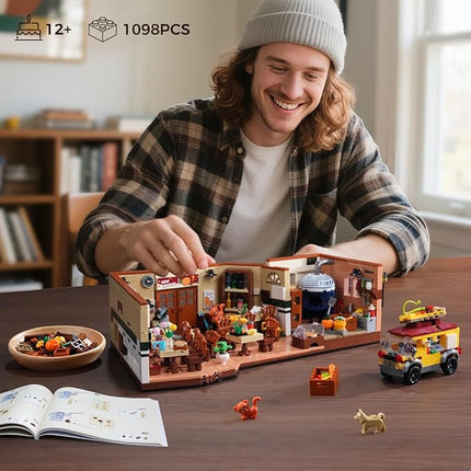 City Street Pizza Restaurant Building Set with Light, 1098PCS Pizzeria House Architecture Model with Retro Pizza Van, Home Decor Construction Building Block Gift for Adults Teens Boys Girls 12+