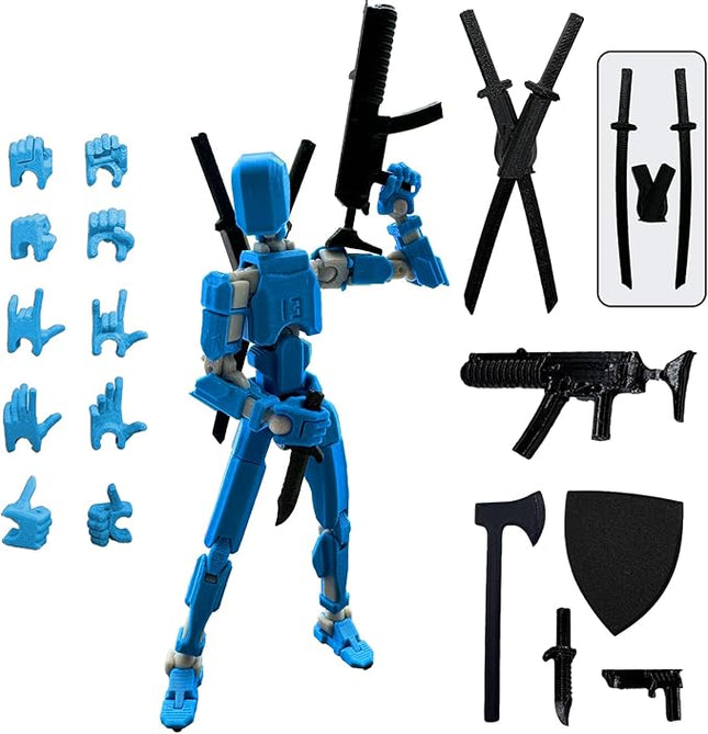 (Assembly Completed) 3D Printed Figure 5.54-inch Dummy13 with Weapon Expansion Set and Bracket, Full Body Mechanical Movable Toy, Desk Decoration. (Blue)