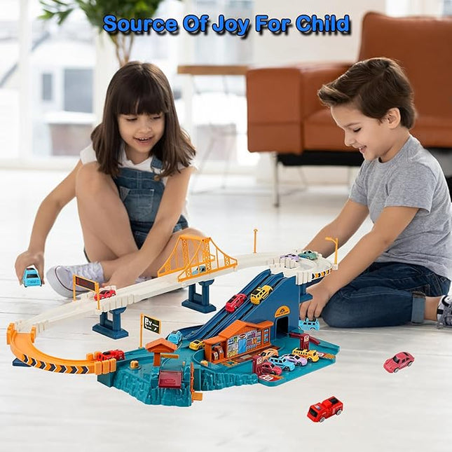 Toy Car Ramp Track, Climbing Hills Railcar Colorful Vehicles Construction Play Set with 12 Mini Racer Cars for Kids 3+(City)