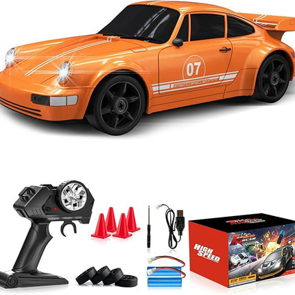 Remote Control Car RC Drift Car 2.4GHz 1:24 4WD 15KM/H High Speed Racing Sport Car with LED Lights Drifting Tire Racing Sport Toy for Adults Boys Girls Kids Gift 2Pcs Rechargeable Batteries