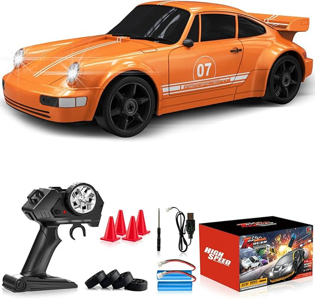 Remote Control Car RC Drift Car 2.4GHz 1:24 4WD 15KM/H High Speed Racing Sport Car with LED Lights Drifting Tire Racing Sport Toy for Adults Boys Girls Kids Gift 2Pcs Rechargeable Batteries