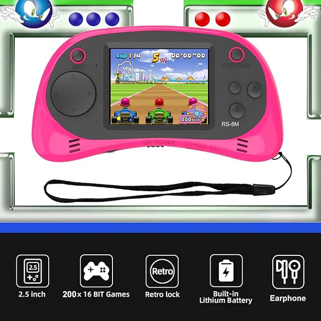 EASEGMER 16 Bit Kids Handheld Games Built-in 220 HD Video Games, 2.5 Inch Portable Game Player with Headphones - Best Travel Electronic Toys for Kids Age 3-10 Years Old Children (Pink)