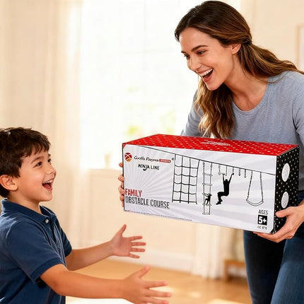 Ninja Warrior Obstacle Course for Kids,2×56ft Slackline Kit with 8 Ninja Accessories+Fast-Setup Buckles- Monkey Bar,Rope Ladder,Gymnastic Ring,Arm Trainer and Monkey Fist,Supports 880 lbs