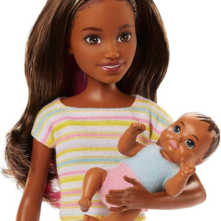 Barbie Skipper Babysitters Inc Doll & Accessories Set with Brunette Doll in Flowered Skirt, Baby Doll & 4 Themed Pieces
