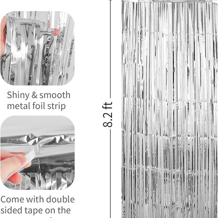 2 Pack Silver Foil Fringe Curtains Streamers Party Decorations 3.3 x 8.2 ft, Tinsel Curtain Fringe Backdrop for Parties, Silver Door Fringe Birthday Streamers, Photo Booth Backdrops, Party Decor