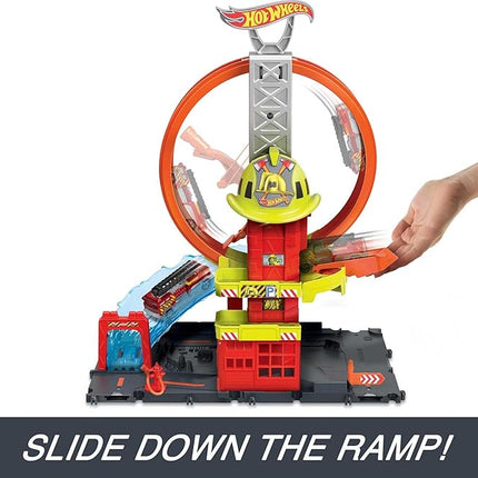 Hot Wheels City with 1 Toy Car, Kid-Powered Elevator, Water-Like Ramp, Track-Play Features, Connects to Other Sets, Fire Station with Super Loop (Amazon Exclusive)