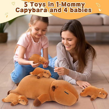 5 PCS Capybara Plush Stuffed Animal Family-Capybara Plush, 20" Large Mommy Plushies with 4 Baby Plushie Toy for Kids, Kawaii Body Pillow Christmas Birthday Gifts for Kids Boys Girls