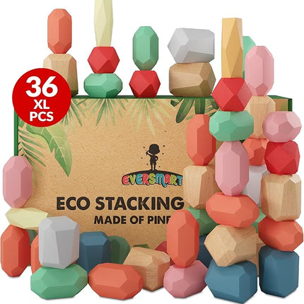 36 Pcs Wooden Stacking Blocks – Montessori Toys for 1 2 3 4 5 6 Year Old Toddlers and Kids, XL Rocks, No Choking Hazard – Sensory STEM Building Stones, for Girls and Boys