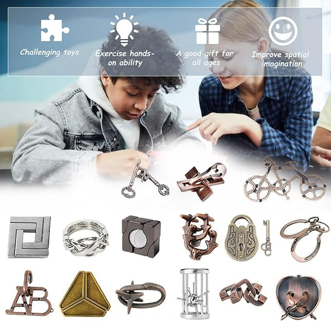 FantasyDay 15 Pcs Brain Teaser Puzzle,Metal Puzzle, Unlock Interlock IQ Test Game, Magic Trick Toy Gift for Kids and Adults
