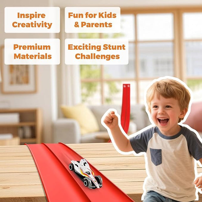15 Ft Flexible Race Car Track, Portable Dual-Sided Race Car Track with 4 Cars & Suction Cups, Compatible with Hot Wheels & 1/64 Diecast Cars, Kids’ Car Ramp & Race Track (red)