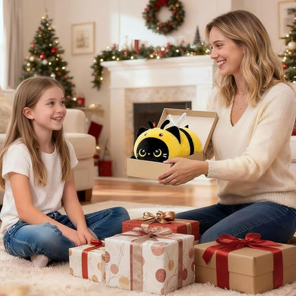 Mewaii Cute Black Cat Bee Plush Pillow, Kawaii Plushies Bee Stuffed Toy, Kitten Plushies with Honeybee Outfit Costume, Soft Squishy Bee Gift for Girls & Kids (8 Inch)