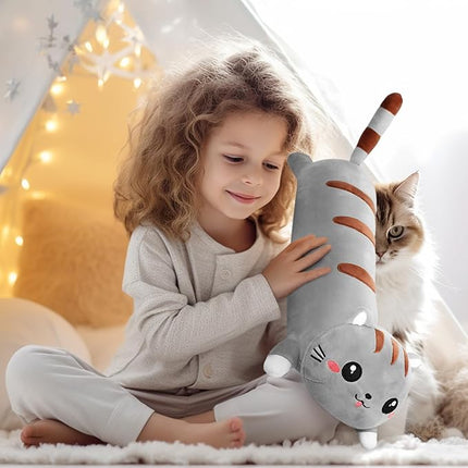 AFAN Long Cat Plush Cute Cat Body Pillows Kawaii Stuffed Animals Plushies Soft Cuddly Cotton Plush Toys Room Decor Gifts for Kids Girls Boys Adults (Grey, 25.9 Inch)