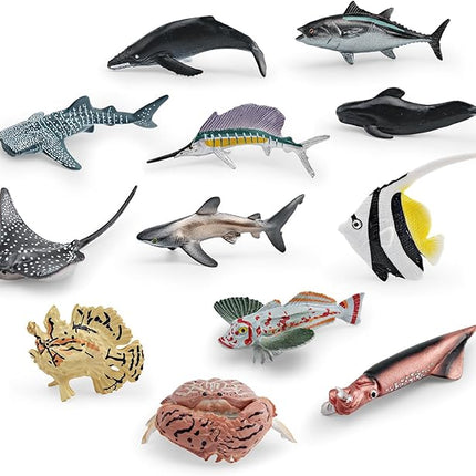 12PCS 2-4 Inch Marine Animal Figures Mini Sea Creatures Sea Ocean Animal Toys for Cake Topper Mini Shark Toy Bath Toys Educational School Project for Kids Toddlers