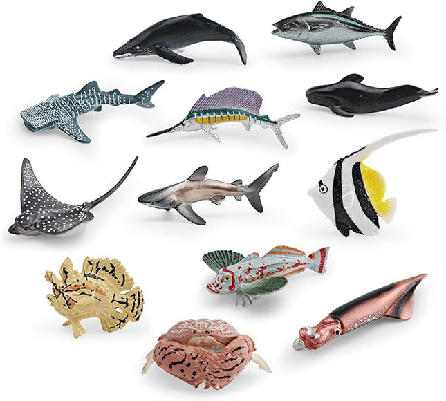 12PCS 2-4 Inch Marine Animal Figures Mini Sea Creatures Sea Ocean Animal Toys for Cake Topper Mini Shark Toy Bath Toys Educational School Project for Kids Toddlers