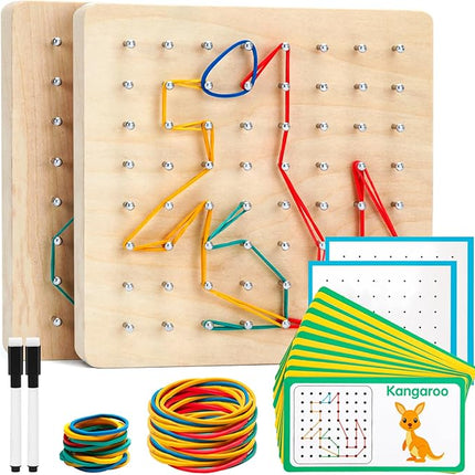 2Pack Wooden geoboards with Rubber Bands Montessori Toys, Mathematical Education Toy for Kids with Pattern Cards and geo Boards to Figures and Shapes, Brain Teaser STEM Toys for Classroom.