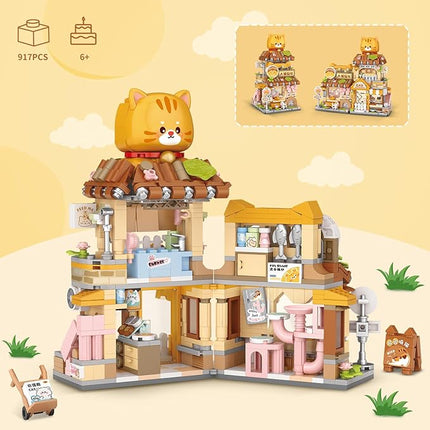 Street View Cute Cat Shop Mini Building Blocks, MOC Creative Building Toys Cute Animals Building Set for Girls 6-12, Simulation Architecture Construction Toy, Gift Idea for Kids Adults (917 PCS)