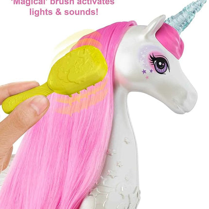 Barbie Dreamtopia Unicorn, Brush 'n Sparkle Interactive Toy with Lights & Sounds, Magical Brush Accessory, White Unicorn with Pink Mane & Light-Up Stars
