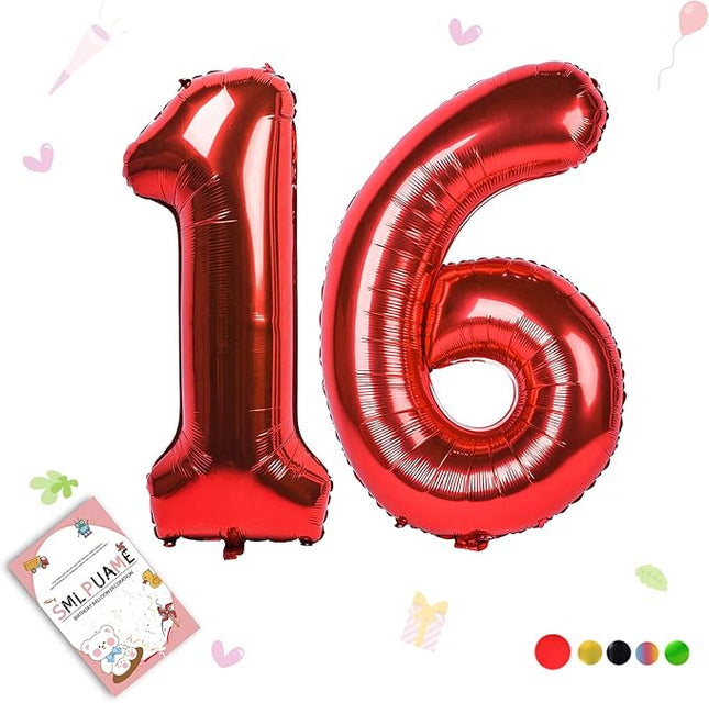 Smlpuame 40 inch Number Balloon 0-9 Red Large Number 16 Balloons,Digital Balloons for Birthday Party Celebration Decorations Supplies, Helium Foil Number Balloons for Wedding Anniversary