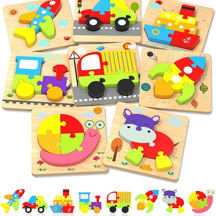 Yetonamr Wooden Toddler Puzzles Gifts Toys for Boys Girls, 8 Vehicle Shape Montessori Toy Educational Blocks Kids Toys Gift Baby Learning Toy