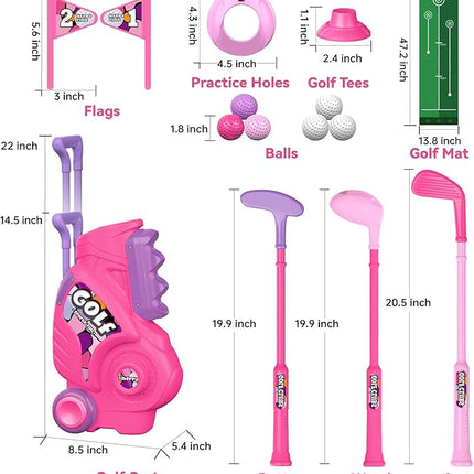Liberry Toddler Golf Set with Putting Mat for 2 3 4 Years Old Boys Girls, Upgraded Kids Golf Cart with Unique Shoulder Strap Design, Indoor and Outdoor Golf Toys Gifts (Pink)