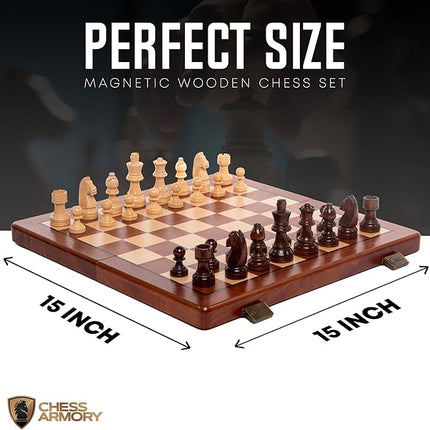 Chess Set Magnetic - Premium Wooden Board Game with a Portable Wood Case and Secure Storage for Pieces, Set for Kids and Adults (Sapele Wood) - Chess Armory