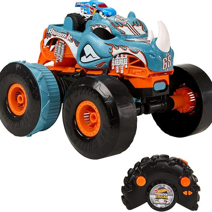 Hot Wheels Monster Trucks RC Toy, Remote-Control Transforming Rhinomite in 1:12 Scale & 1:64 Scale Race Ace, Converts into Launcher, Connects to Track