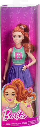 Barbie Fashionistas Doll #232 with Red Hair, Wearing Sporty “B” Jersey Top and Pleated Purple Skirt with Watch and Sneakers