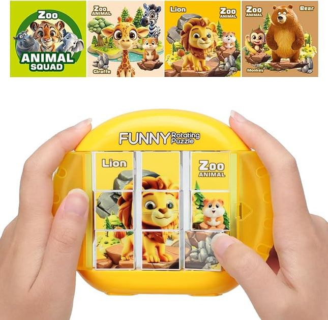 Rotating 3D Puzzle for Kids 3 4 5 6 7 Year Old, 4 Puzzles in 1, Handheld Game Fidget Toys for Travel, Cars & Plane, Fine Motor Skills Developing (Zoo Animal Squad)