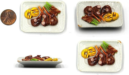 Lovely Mixed 5 Assorted Grilled, Steak, with Appetizer Dish Dollhouse Miniature Food, Tiny Food for Collectibles, Compatible with Barbie Dollhouse and Diorama Scale 1:6, 1/6