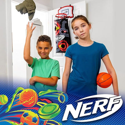 NERF Basketball Hoop Hamper - Laundry Layup Over the Door Basket + Shooting Target - Mini Hoop Hamper + Basketball Set