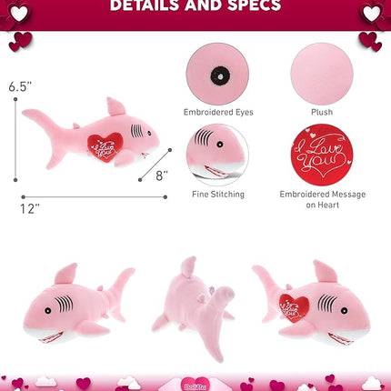 DolliBu I Love You Valentine Plush Pink Shark - Cute Stuffed Animal with Red Heart and Name Personalization Gift for Valentines Day, Birthday, Anniversary, Romantic Date - 12 Inches