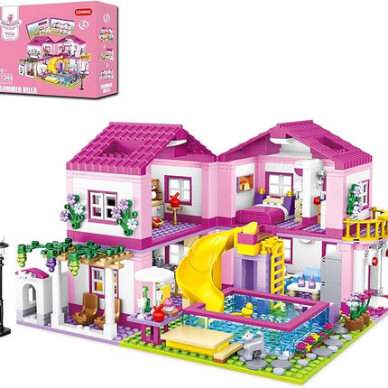 Pink Summer Pool Villa Building Block Set Friends Construction Educational Toy 1018 Pieces Gifts for Girls Teens Kids Adults Ages 6+