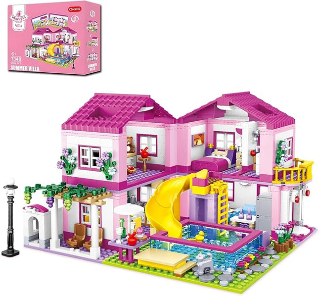 Pink Summer Pool Villa Building Block Set Friends Construction Educational Toy 1018 Pieces Gifts for Girls Teens Kids Adults Ages 6+