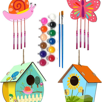 4 Pack DIY Bird House Wind Chime Kits for Children to Build and Paint, Wooden Arts and Crafts for Kids Girls Boys Toddlers Ages 8-12 4-6 6-8