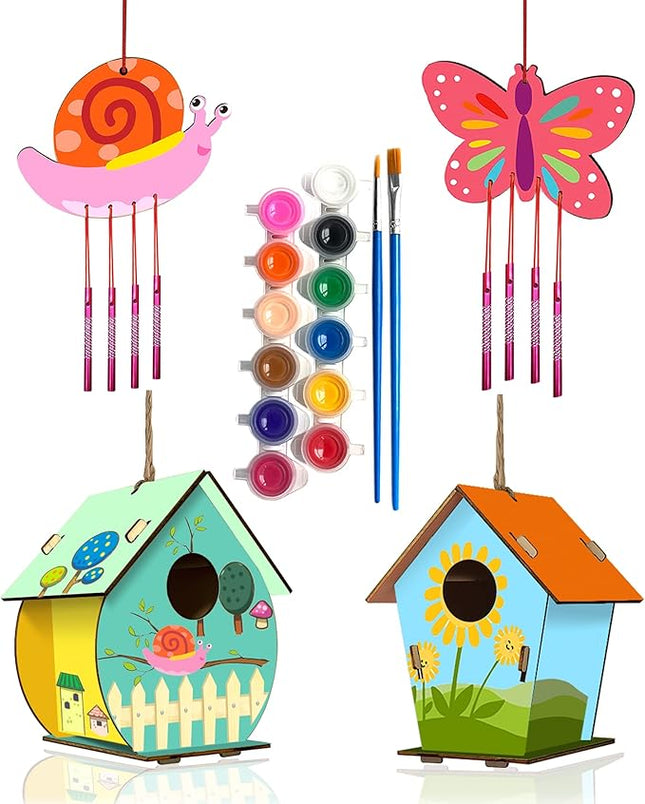 4 Pack DIY Bird House Wind Chime Kits for Children to Build and Paint, Wooden Arts and Crafts for Kids Girls Boys Toddlers Ages 8-12 4-6 6-8