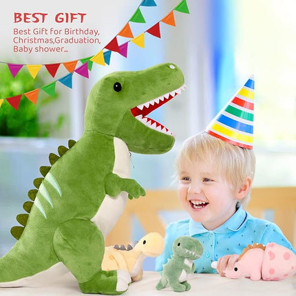 MorisMos Dinosaur Stuffed Animal with Babies,23.6'' Big T-Rex Mommy Stuffed Dinosaur with 3 Baby Dino Plush Toys, 3 Eggs,Boy Girl Dino Toys for Kid Birthday Christmas,Green T-rex