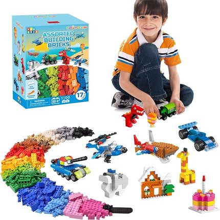 1100 Piece Building Blocks Classic Building Toys, Creative Bulk Building Bricks Sets Compatible with Legos Baseplate Sets 17 Colors Mixed 147 Shapes for Kids Party Favors Birthday