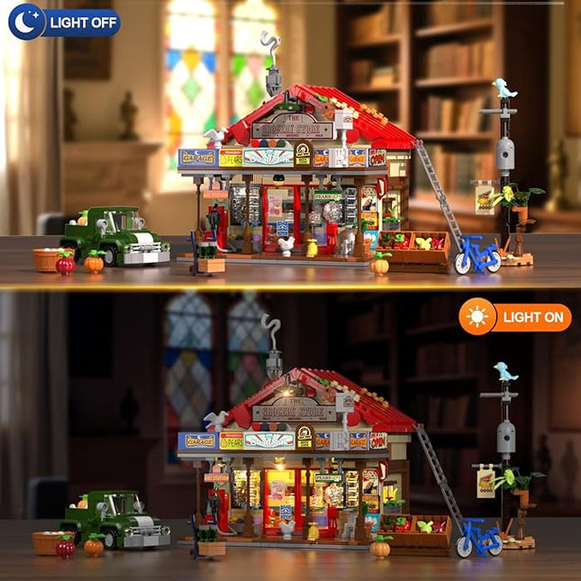 Country General Store Building Set for Adults with Lights, 1709 PCS Vintage Shop House Construction Building Block Kit, Home Decor Cabin Architecture Model for Women Men Teens Boys Girls 12+