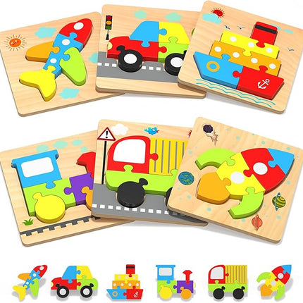 Yetonamr Wooden Toddler Puzzles Gifts Toys for 1 2 3 Years Old Boys Girls, 6 Vehicle Shape Montessori Toys Educational Blocks Kids Gift Baby Learning Toy Age 1-3, 2-4