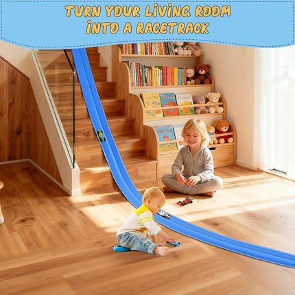 Flex Race Car Track 15 Ft for Kids 3+ Toys, with 4 Small Racecars, Suitable for Hot Wheels and Diecast 1/64th Cars, Rolls Up Race Tracks with Strong Suction Cups